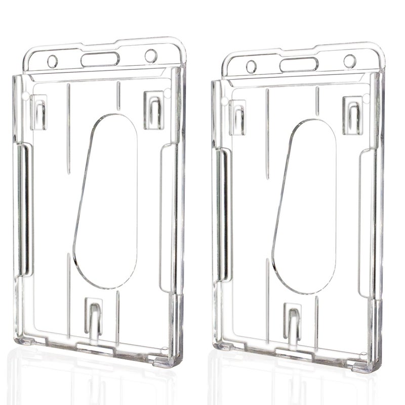 Teskyer Hard Plastic Badge Holder  Clear ID Badge Name Card Holder with Easy Access Thumb Slot  Holding 2 Cards  Vertical Style  2 Pack